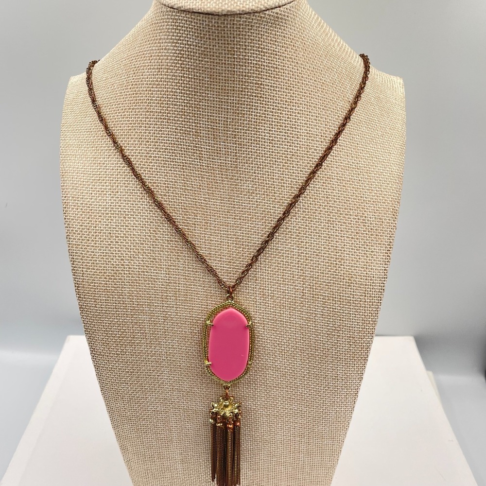 Vintage Boho Pink Stone Tassel Pendant Necklace Gold Tone Long Chain Statement